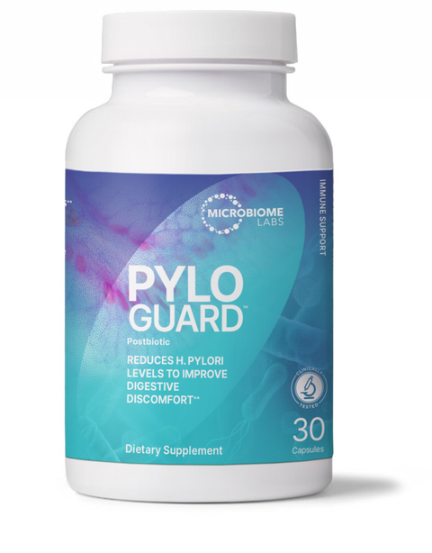 Bottle of PyloGuard™ dietary supplement by Microbiome Labs, containing 30 capsules for digestive and immune support